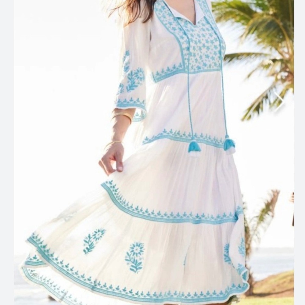 Soft Surroundings Maxi Dress Boho Sz M White Blue Embroidered Cotton Tassels - Picture 3 of 8